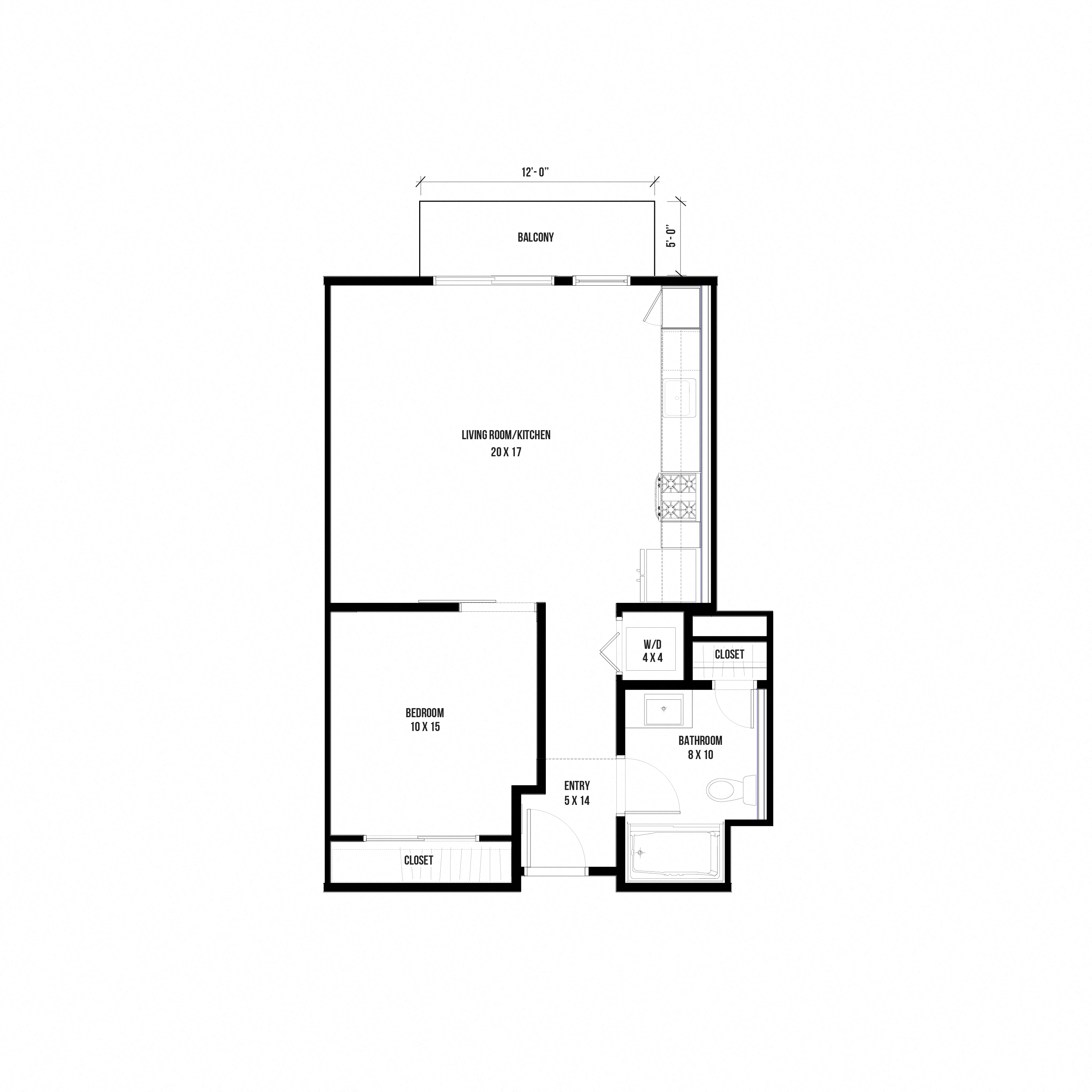 Floor plan for 1 bed, 1 bath, 676 sqft
